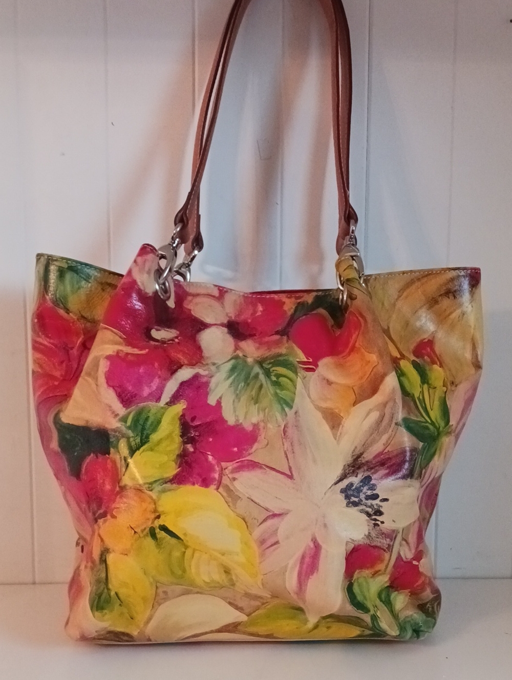 MAURIZIO TAIUTI ITALY FLORAL PRINT LEATHER TOTE